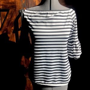 off shoulder striped top with ruffle sleeves